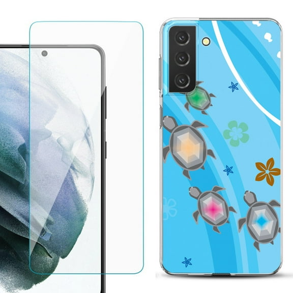 Slim-Fit TPU Fashion Phone Case for Samsung Galaxy S21 FE 5G Fan Edition, with Tempered Glass Screen Protector, by OneToughShield ® - Happy Turtle