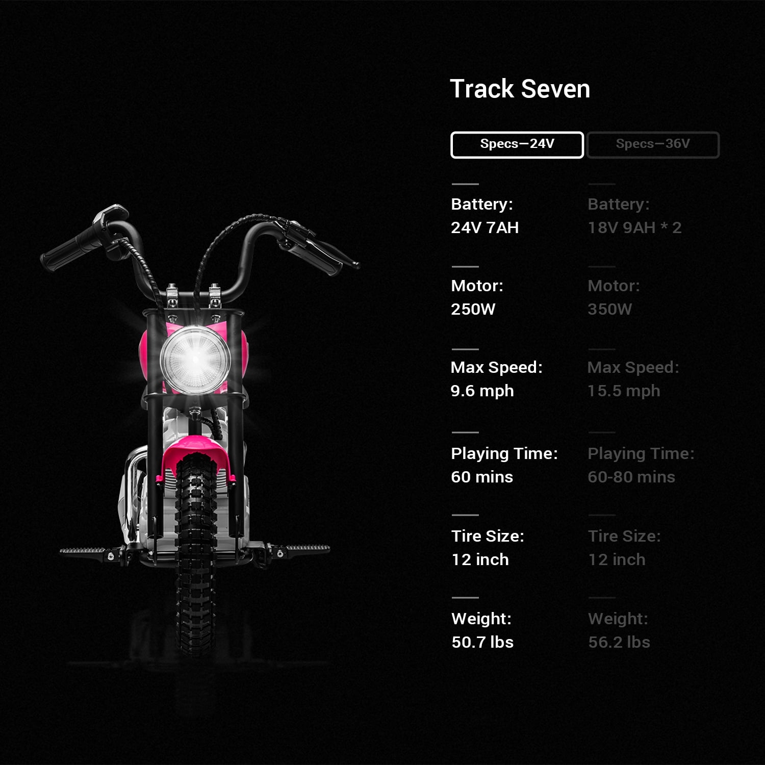 Track 7 24V Electric Dirt Bike for kids, 250W Ride on Motorcycle with Twist Grip Throttle, Hand-Operated Brakes, Key Start, Off-Road Motocross Speed Up to 10 MPH, Age 8+, Pink