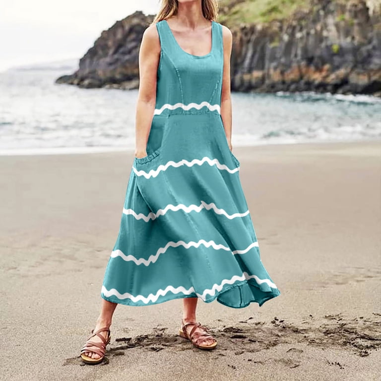 knee length dresses for ladies 100% Linen Bateau Neck Midi Dress Brooke, Baby Blue / S