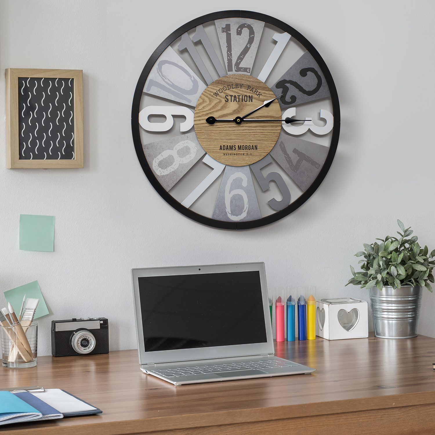 Sorbus Wall Clock Decorative , 24”, Battery Operated, Decorative for Kitchen, Bedrooms, Office Living Room, Silent Analog Clock, Woodley Park Station Text, Rustic Modern Farmhouse Decor, Wooden, Metal