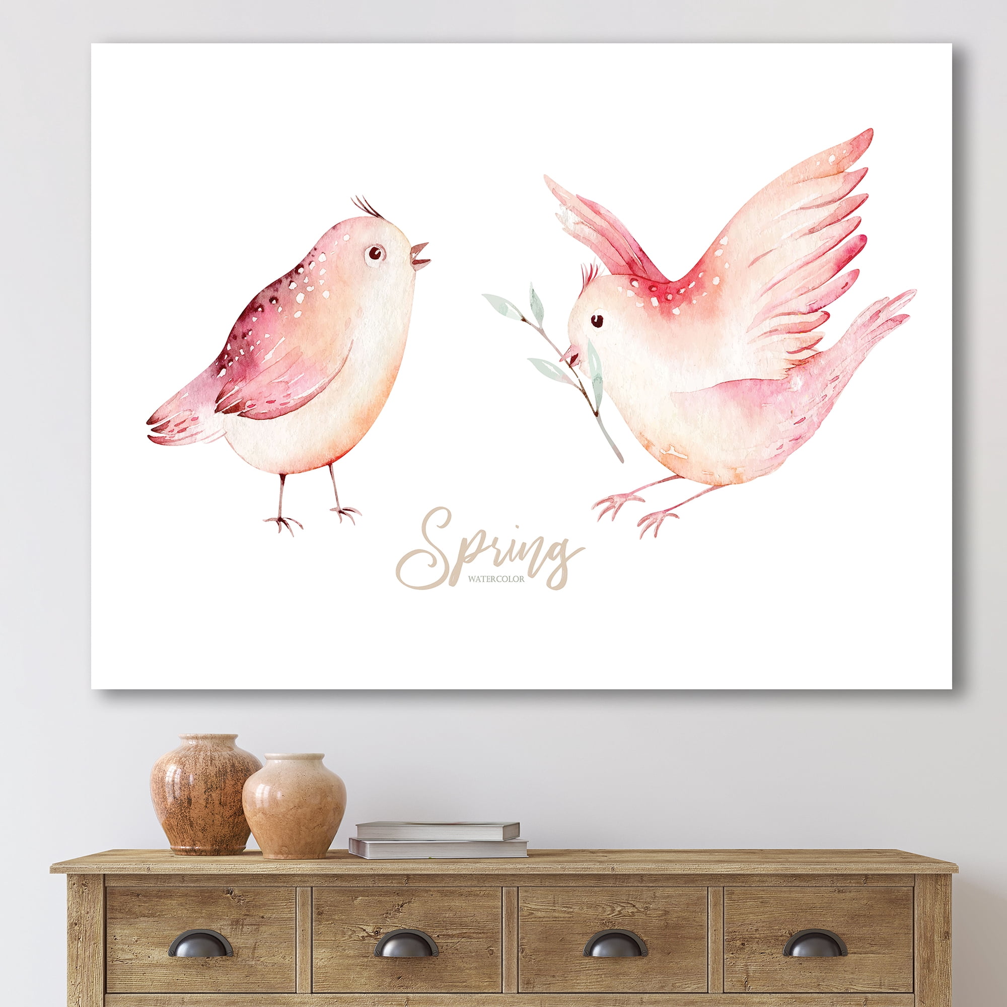 Designart ' Spring Bird With Green Leaves On White ' Traditional Canvas Wall Art Print