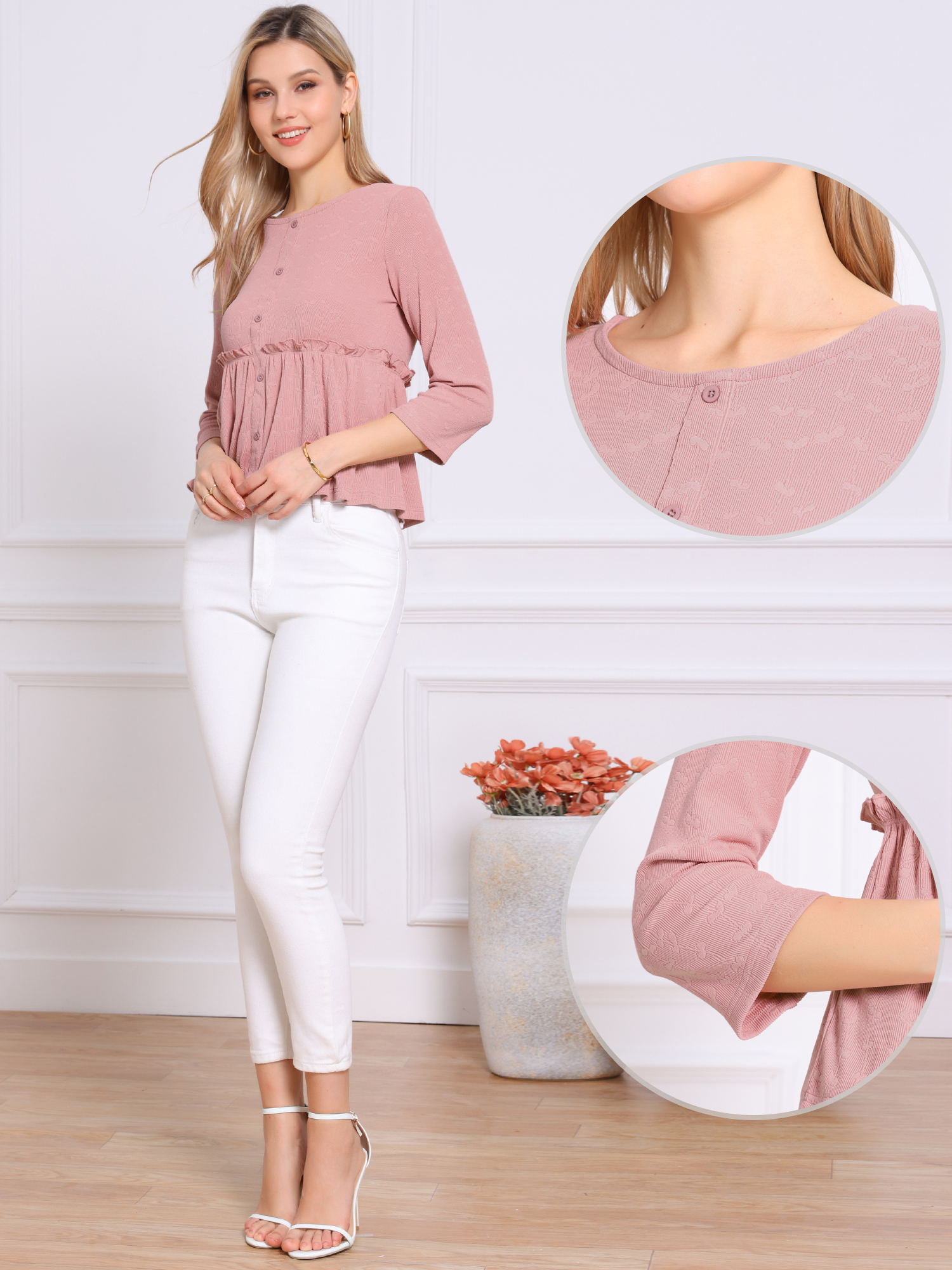 DARING DIVA Women's Peplum Crew Neck 3/4 Sleeve Ruffle Pullover Blouses S Pink