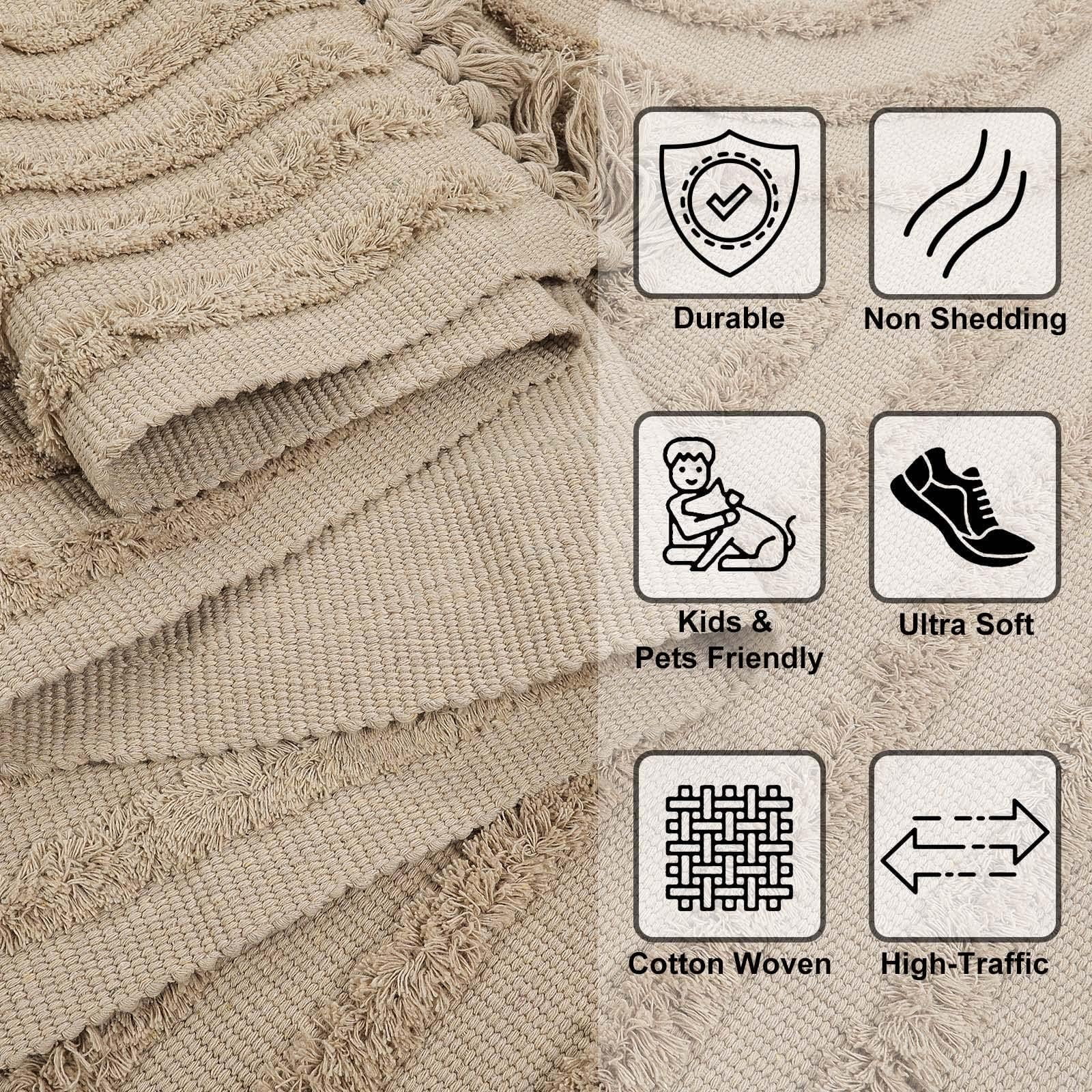 SUNDEREY Modern Rainbow Area Rug,4'x6' Washable Bedroom Rugs,Boho Woven Floor Carpet With Tassel, Modern Farmhouse Tufted Rug For Living Dining Room Kitchen Entryway Bathroom,Khaki