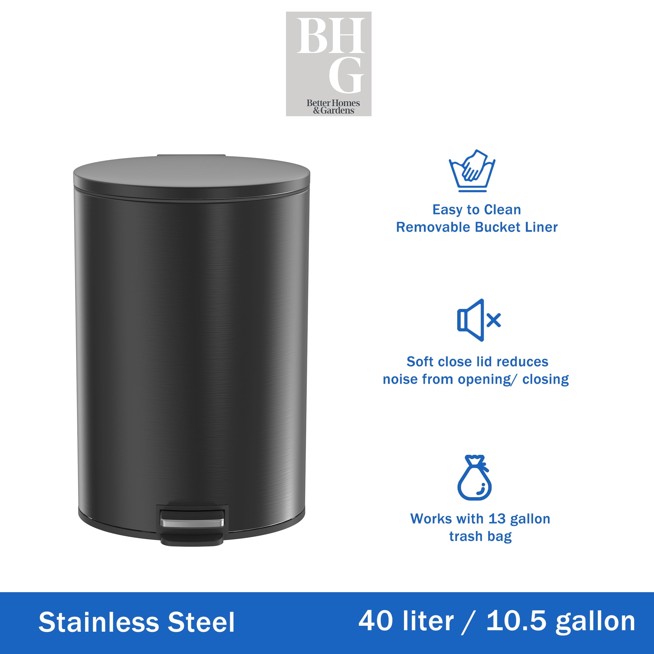 Better Homes & Gardens Kitchen Trash Can, 10.5 Gallon Stainless Steel Oval Step Garbage Bin with Soft Close Lid, Black