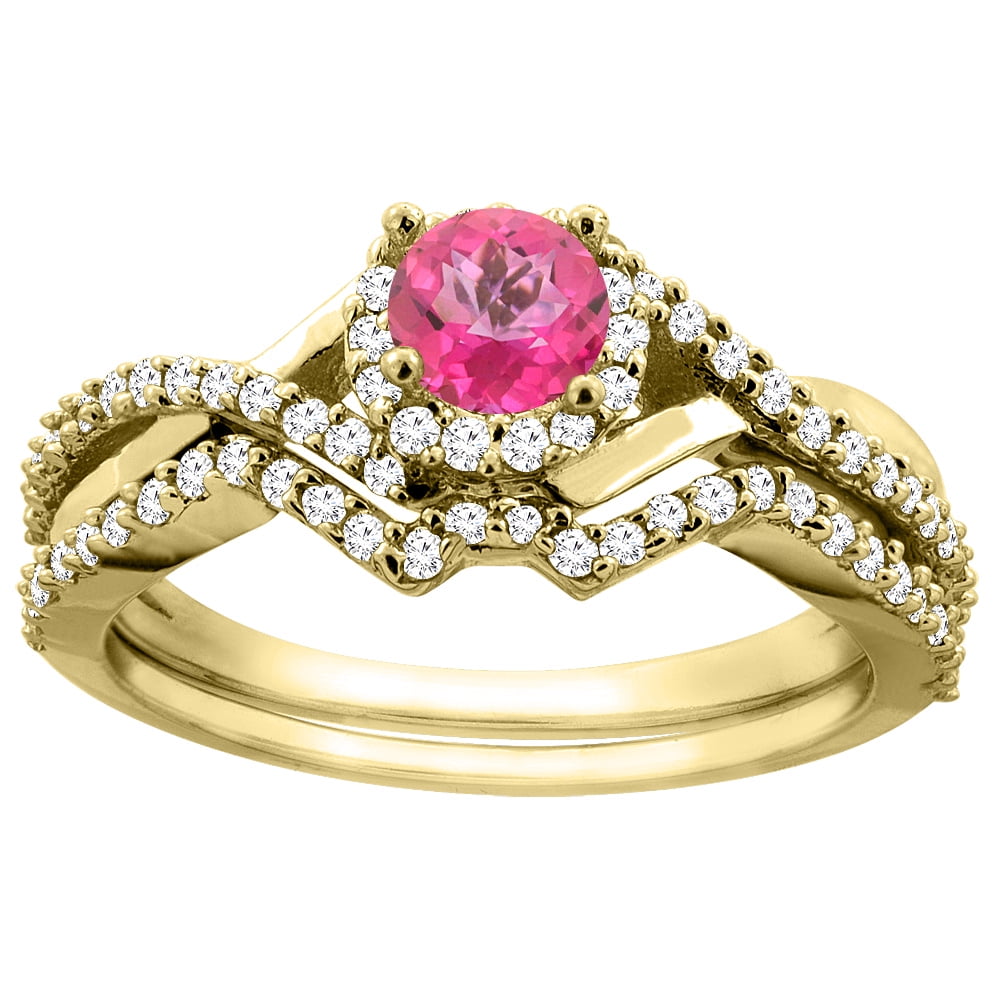 14K Yellow Gold Natural Pink Topaz 2-piece Bridal Ring Set Round 5mm, size 5 by Gabriella Gold