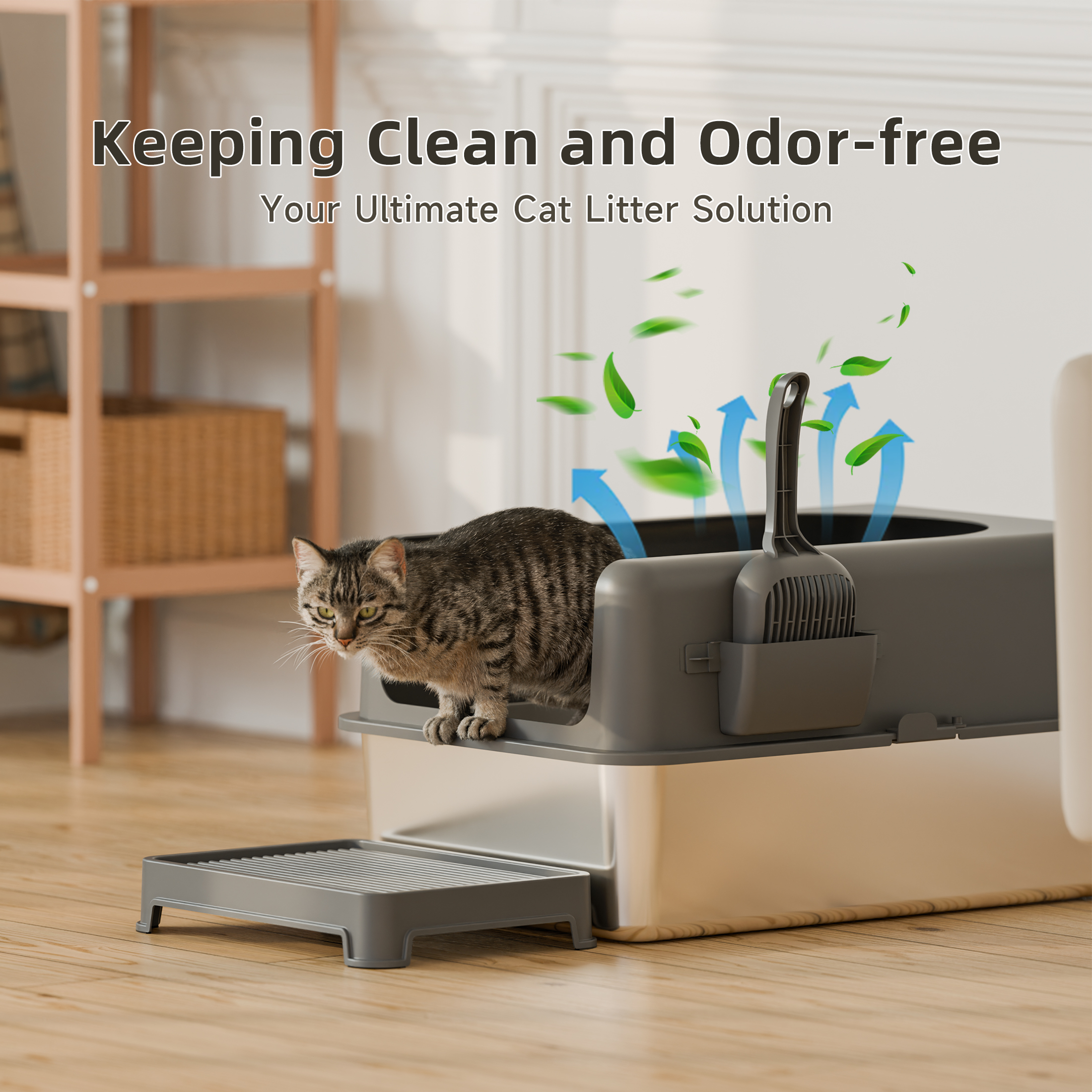 Bsadne Large High-Sided Stainless Steel Multi-Cat Litter Box Set with Lid, Scoop, and Tray, Gray(24''*16''*12'')