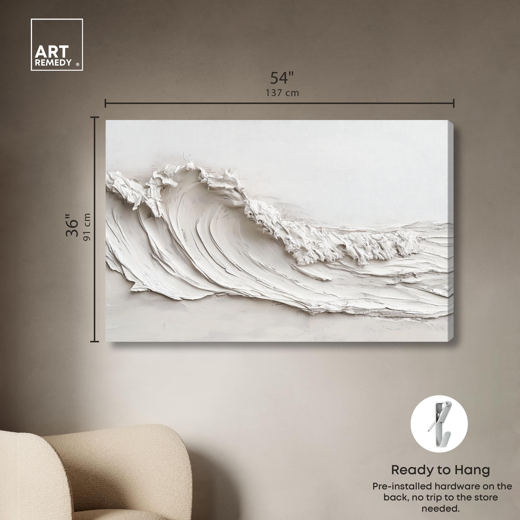 Wave on White Canvas Neutral Boho by Art Remedy, Gallery Wrapped, 54 x 36