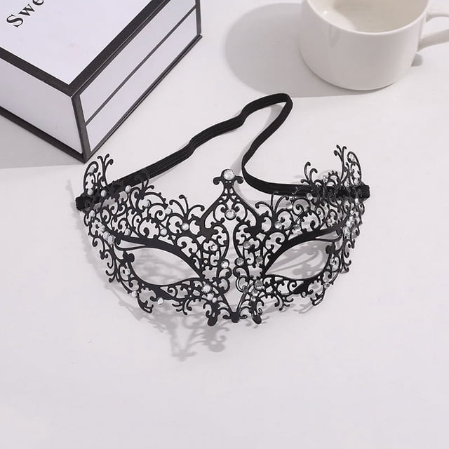 Máscara de mascarada con corte láser de metal para mujer, fiesta veneciana, media cara, máscara de diamante de metal negro, fiesta de bola de 17*12cm
