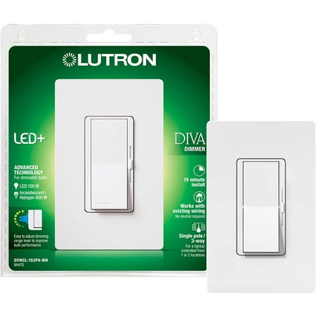 

Diva LED+ Dimmer for Dimmable LED Halogen and Incandescent Bulbs with Wallplate | Single-Pole or 3-Way | DVWCL-153PH-WH | White