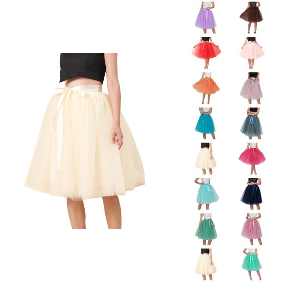Tulle Skirts for Women Elastic Waist Lace Up Bow Knee Length Layered Mesh Flowy A Line Tutu Skirts Puffy Skirt Fairy Skirt