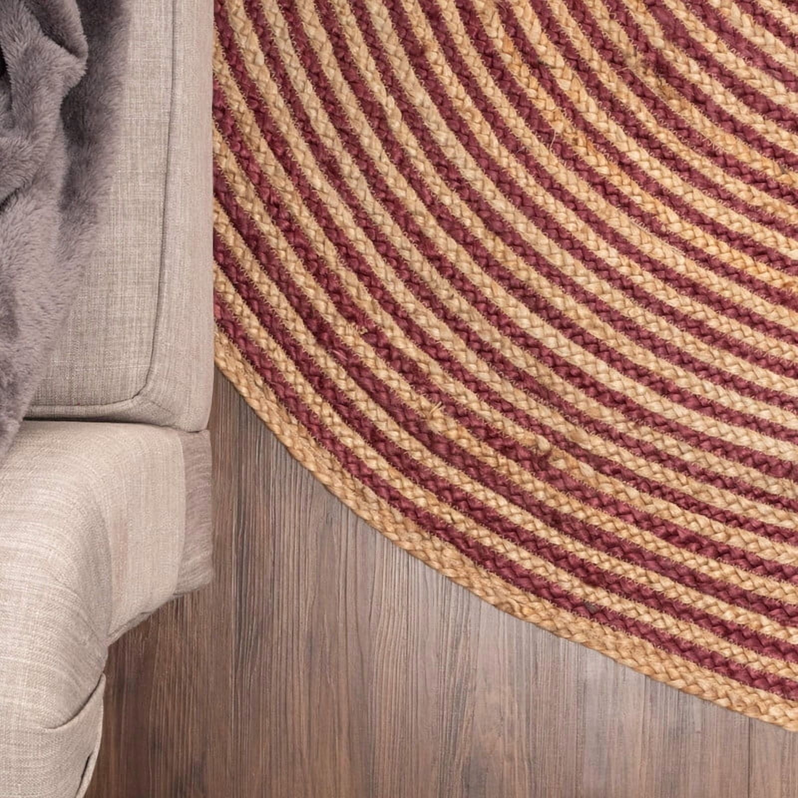 Jute Round Natural Braided Reversible Area Rug , Eco Friendly Rustic Farmhouse Boho Carpet for Living Room, Bedroom, Kitchen, Dining, Burgundy, 3 FT