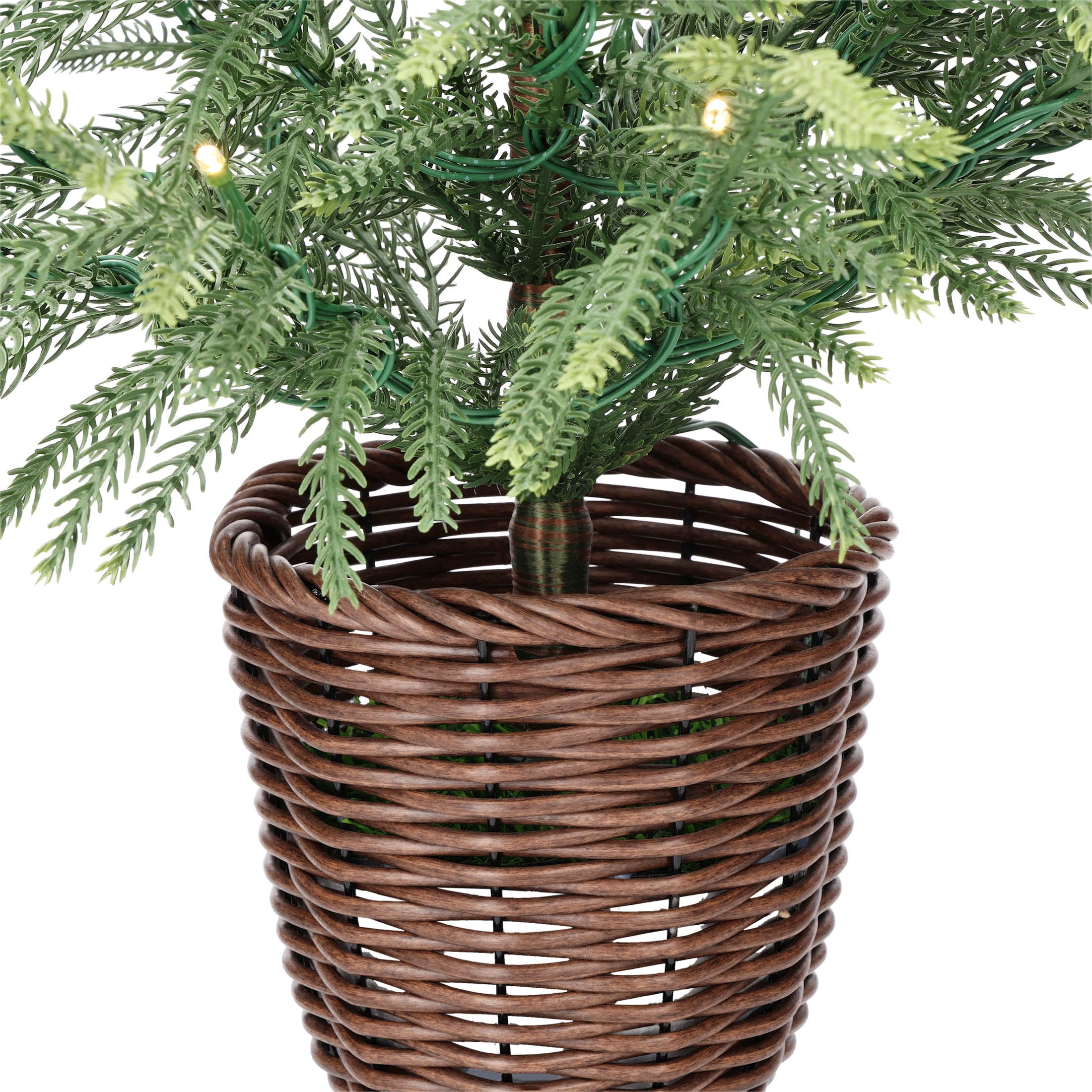 My Texas House 2' Small Pre-Lit Norfolk Pine Green Artificial Christmas Tree with 30 Warm White Twinkle LED Lights in Woven Basket