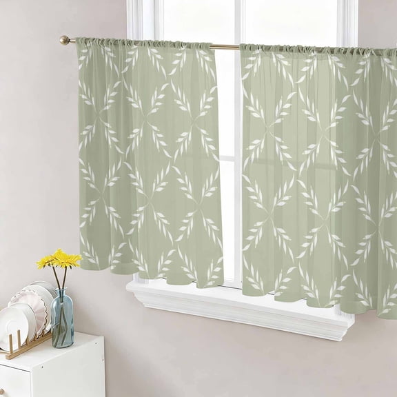 Sage Green Semi Sheer Window Curtains 54 Inches Long, Geometric Flower Leaf Diamond Plaid Retro Rod Pocket Voile Silky Chiffon Curtain Light Filtering Drapes for Living Room, 52"x54", 2 Panels