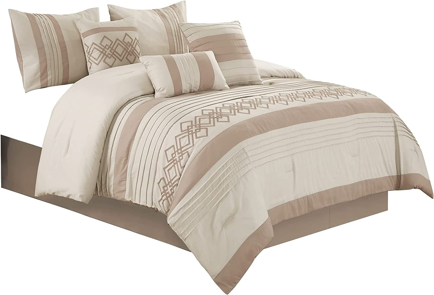 Chezmoi Collection Ariel 7-Piece Geometric Chenille Embroidery Comforter Bedding Set, Queen, Taupe