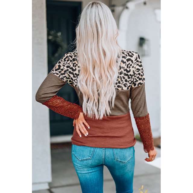 ABPHQTO Top de bloque de color de leopardo calado con empalme de encaje marrón para mujer