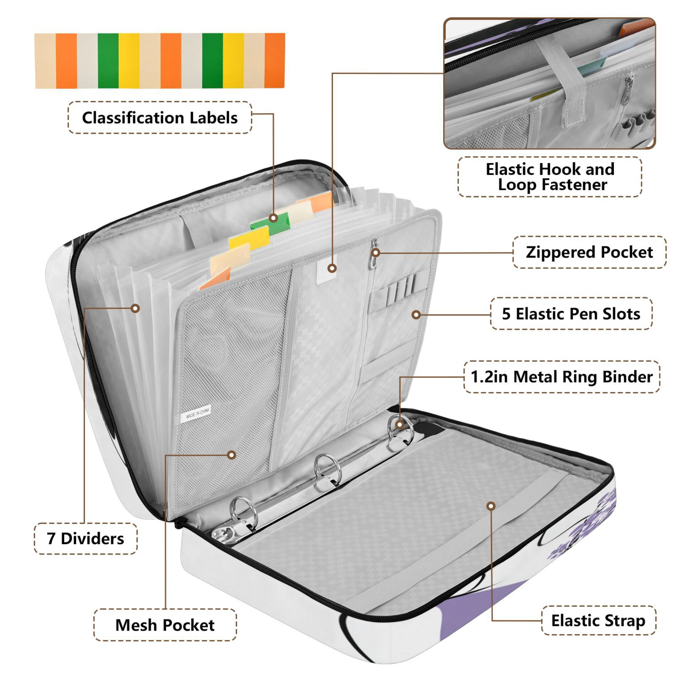 3 Ring Zipper Binder with Accordion File Organizer Waterproof Back to College Binder - 7 Layer Document Organizer for Study Home Office College Travel Supplies Violet Beauty