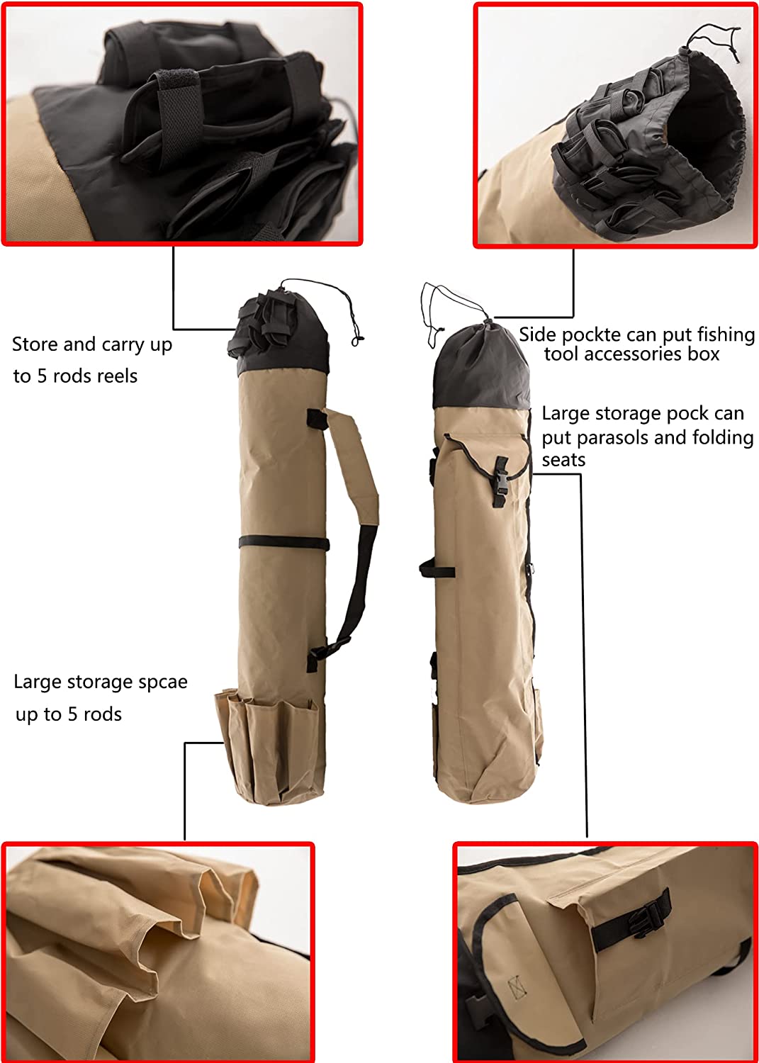 Fishing Rod Bag Carrier Canvas Tackle Reel Storage Organizer Holder - image 5 of 12