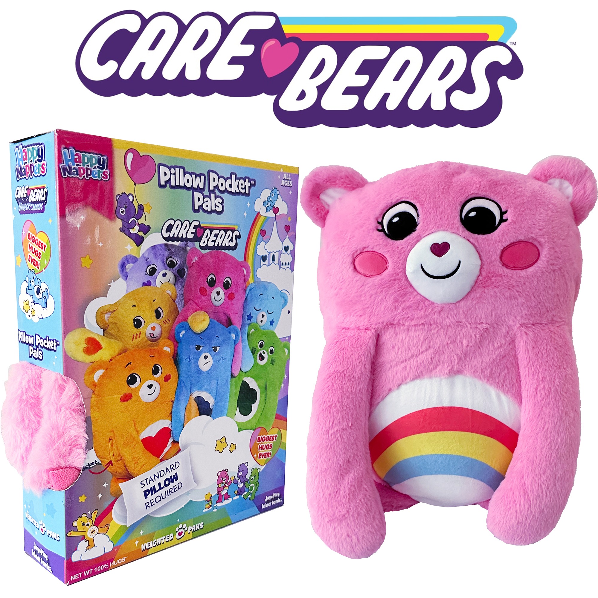 Happy Nappers: Care Bears Pillow Pocket Pal - Cheer Bear - Plush Character Pillow Case, Animal Cover w/ Weighted Paws, Soft Huggable Companion, Kids