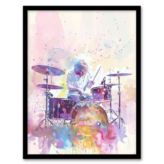 Artery8 Rainbow Modern Watercolour Portrait Drummer Drums Living Room Art Print Framed Poster Wall Decor 12x16 inch