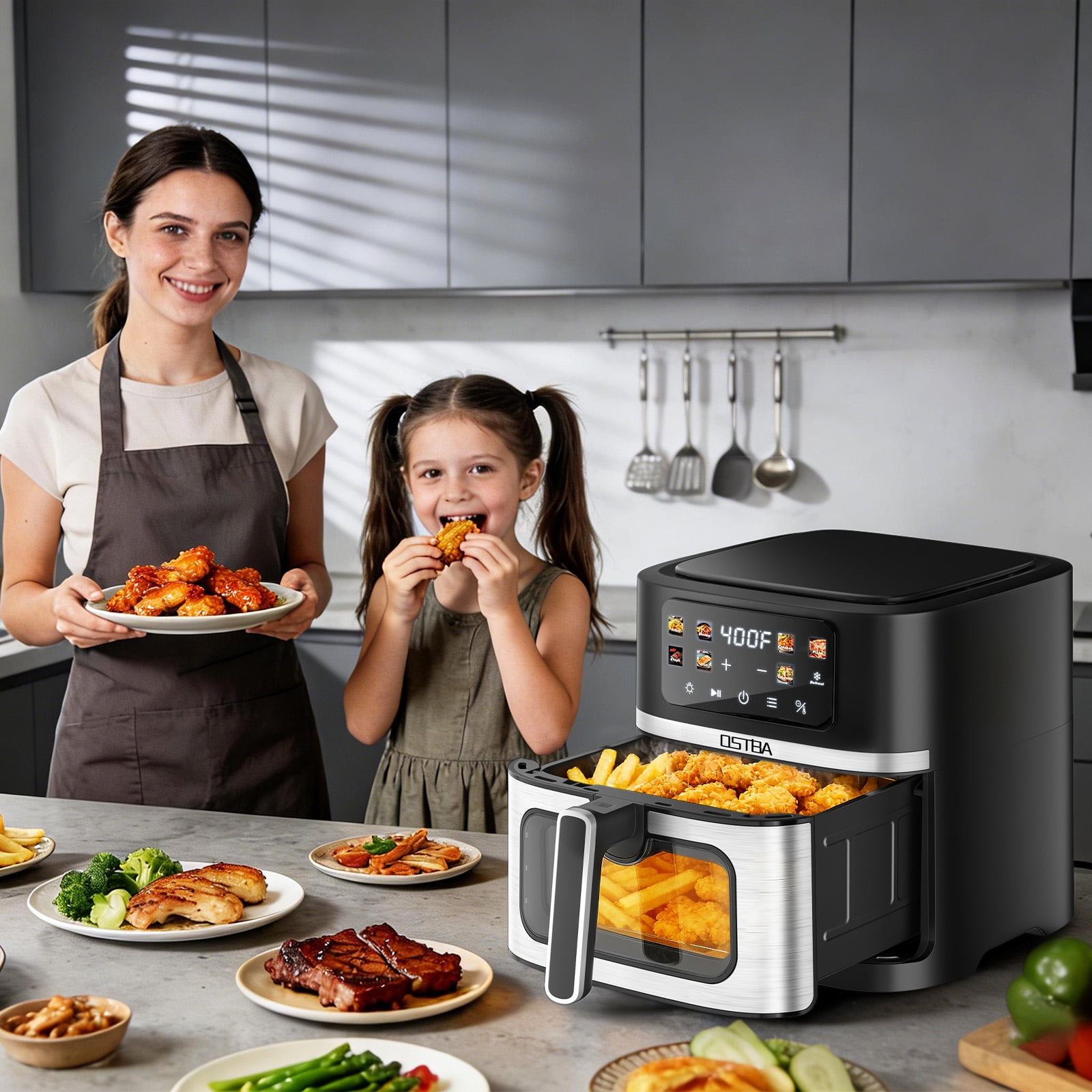 OSTBA 8.5QT Air Fryer with Viewing Window & Light, 1700W Digital Hot Air Fryer, 8 Presets, Defrost Function, Nonstick Dishwasher Safe Basket, Family Size Air Fryer, Black