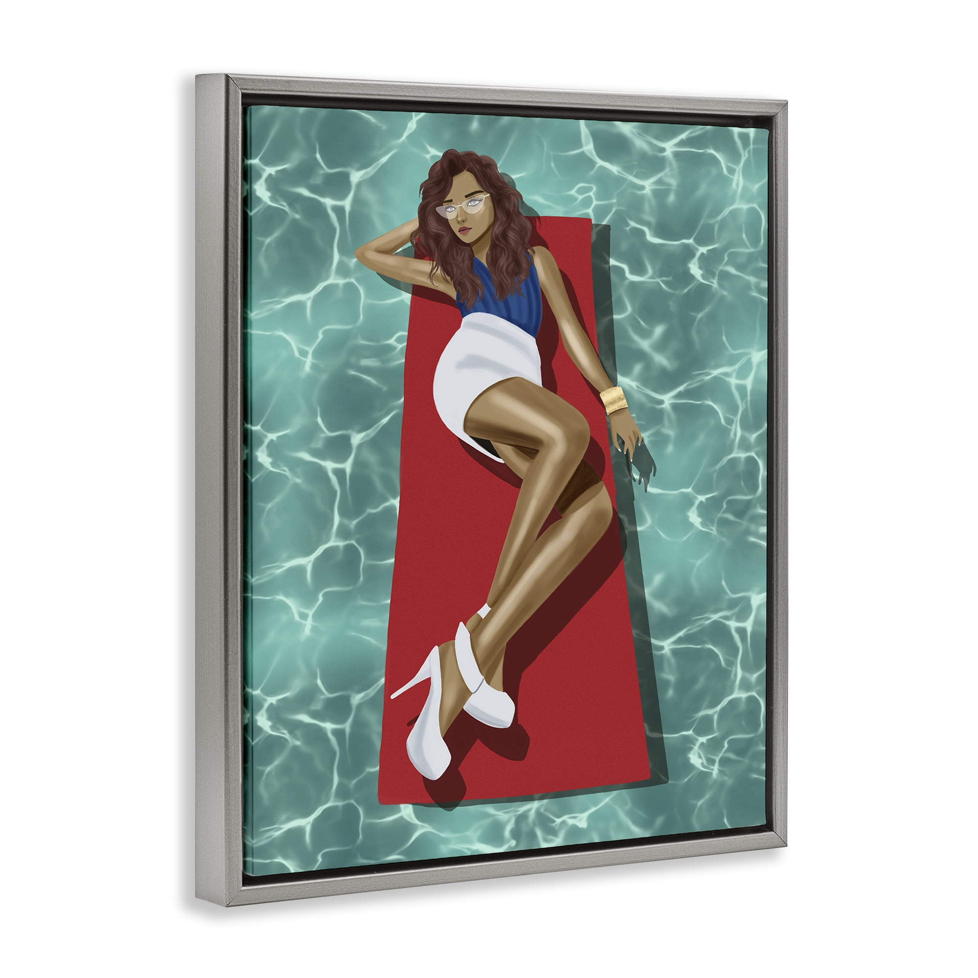 Stupell Industries Lounging on Pool Raft People Painting Gray Floater Framed Canvas Art Print Wall Art, 25 x 31