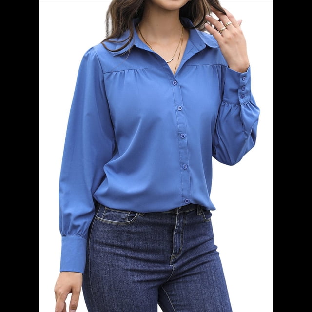 Blusa Elegante de Larga para Mujer, Estilo Informal, con Cuello Abotonado y Plisada Al Frente. Azul M