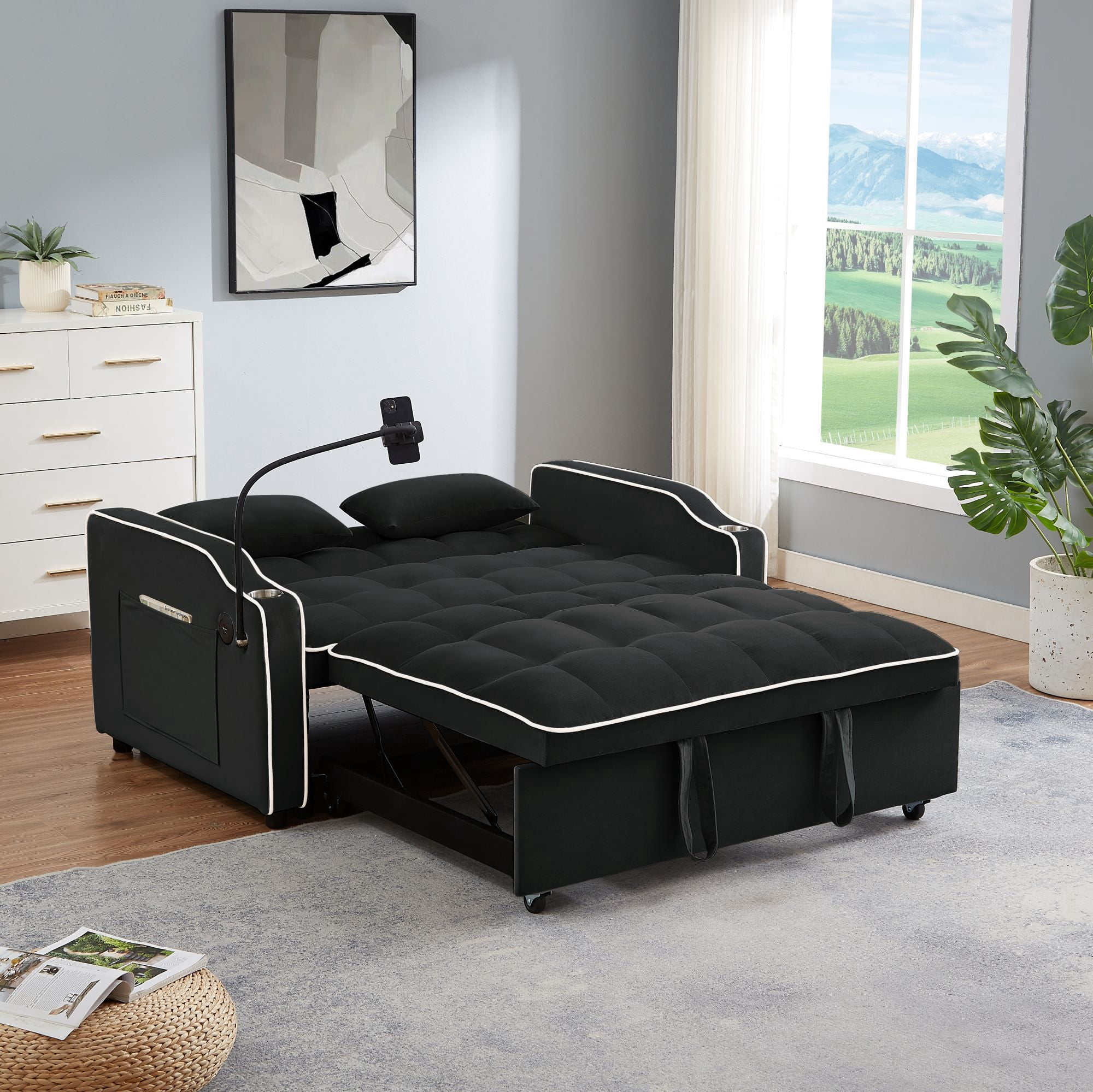 DEALTOPS Pull Out Sofa Bed, Velvet Loveseat Sleeper with Cup Holders, USB Ports and A Phone Stand, Black
