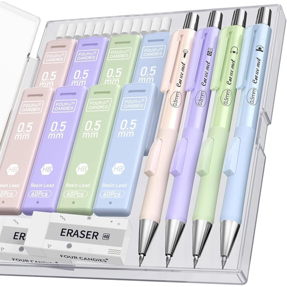 Mechanical Pencil Set with Case – 0.5mm Cute Design, 4-Pack