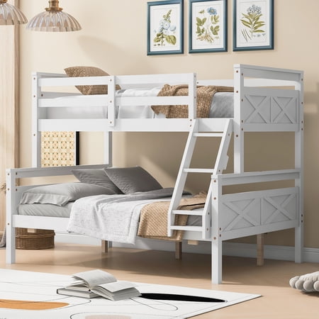 Euroco Modern Twin over Full Bunk Bed Frame with Ladder for Kid's Room, Solid Wood Bed for Kids Teens Adults, White