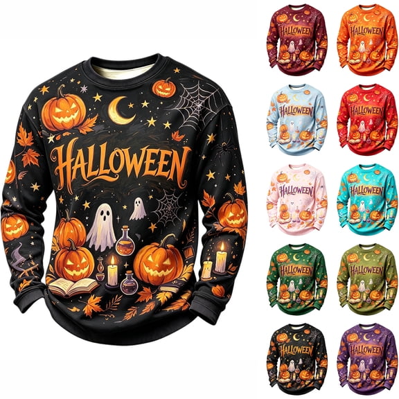 Pumpkin Ghost Moon Graphic Casual Sweatshirt for Men Crew Neck Long Sleeve Halloween Holiday Daily Pullover