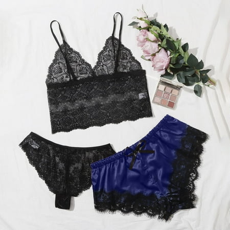

Ouneed Women V-Neck Eyelash Lace Sexy Stain Camisole Pajamas Bowknot Shorts Set
