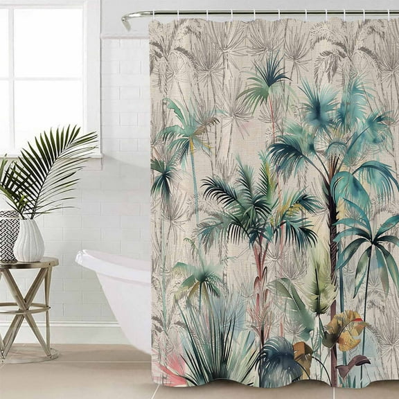 Summer Palm Trees Bathroom Curtain 72 Inch Shower Curtain with Hooks, Vintage Botanical Tropical Leaves Waterproof Polyester Bath Curtain Washable Bathtub Curtain 72''x 72''