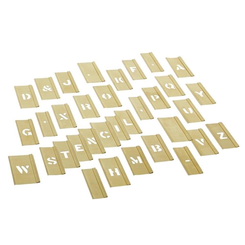 Stencil, Combination Set, Letters, 1/2 in Character Height, Gothic Font, Brass, Gold, 33 Pieces