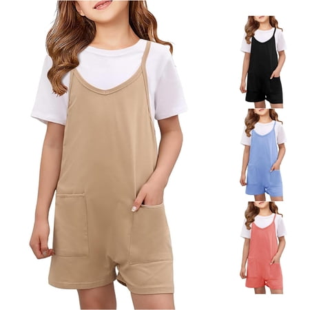 XAOFW Girls Summer Romper Sleeveless Casual Romper Spaghetti Strap overalls Shorts Jumpsuit With Pockets soft Onesie 9-10 Years