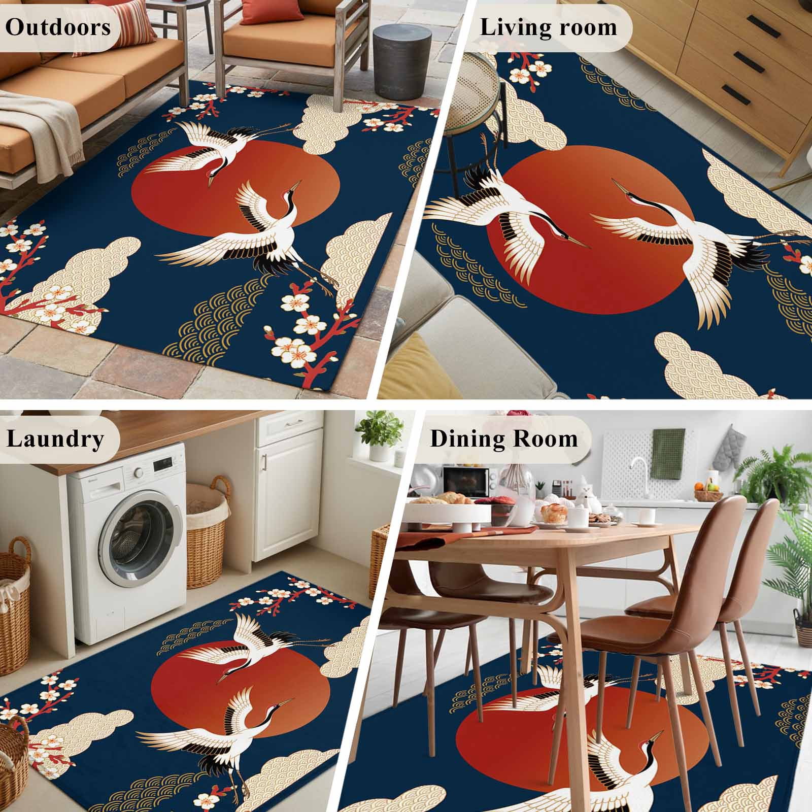 Japanese Style Area Rugs Collection 4'x6', Modern Cranes Cherry Flower Wave Navy Blue Non Slip Indoor Rectangle Throw Runner Rug Floor Mat Carpet for Living Room Dining Table Bedroom Nursery