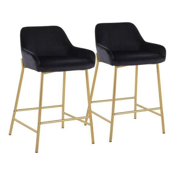 LumiSource Gold Metal, Black Velvet Daniella Fixed-Height Counter Stool - Set of 2