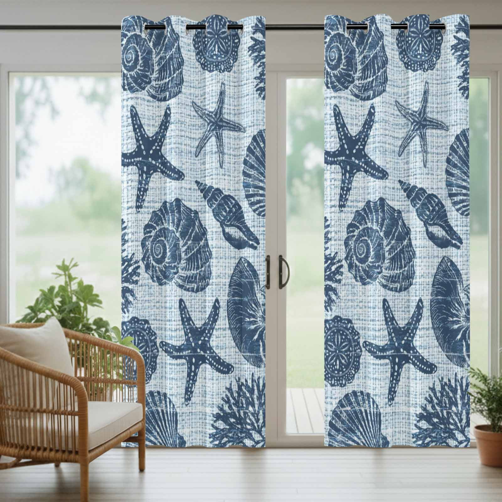 Marine Life Outdoor Curtains for Patio, Navy Starfish Conch Coral Linen Texture Ocean Sunshade Privacy Drapes Grommet Waterproof Outside Curtains for Porch/Cabana/Balcony 54"x 108", 1 Panel