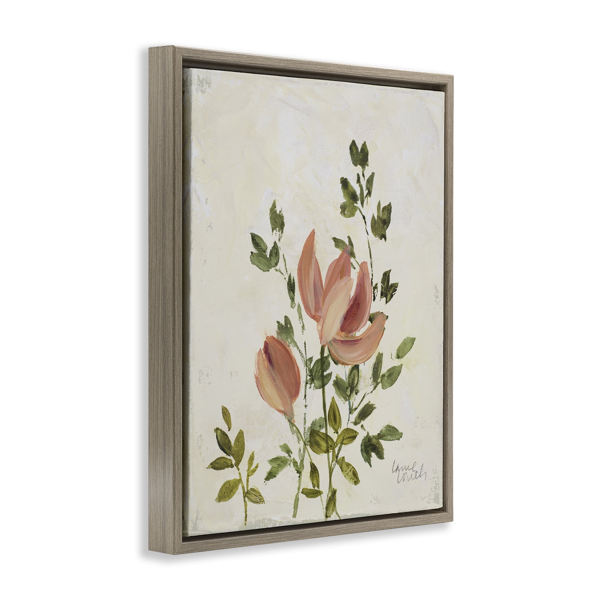Stupell Industries Pink Florals Vintage Leaves Floral & Botanical Painting Brown Floater Framed Canvas Art Print Wall Art, 17 x 21