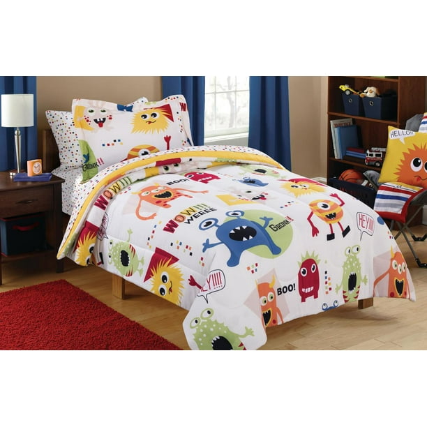 Your Zone White Monster Mix 5 Piece Bed In A Bag Bedding Set With Sheet Twinxl Com Bag Bedding Set With Sheet Twinxl, Twin Monster Bedding