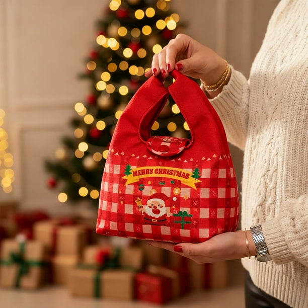 Bolsa de regalo navideña de lona | Bolsa de mano con asa resistente | Bolsa para envolver regalos navideños en rojo y verde | Bolsa reutilizable de tela para dulces navideños | Almacenamiento de