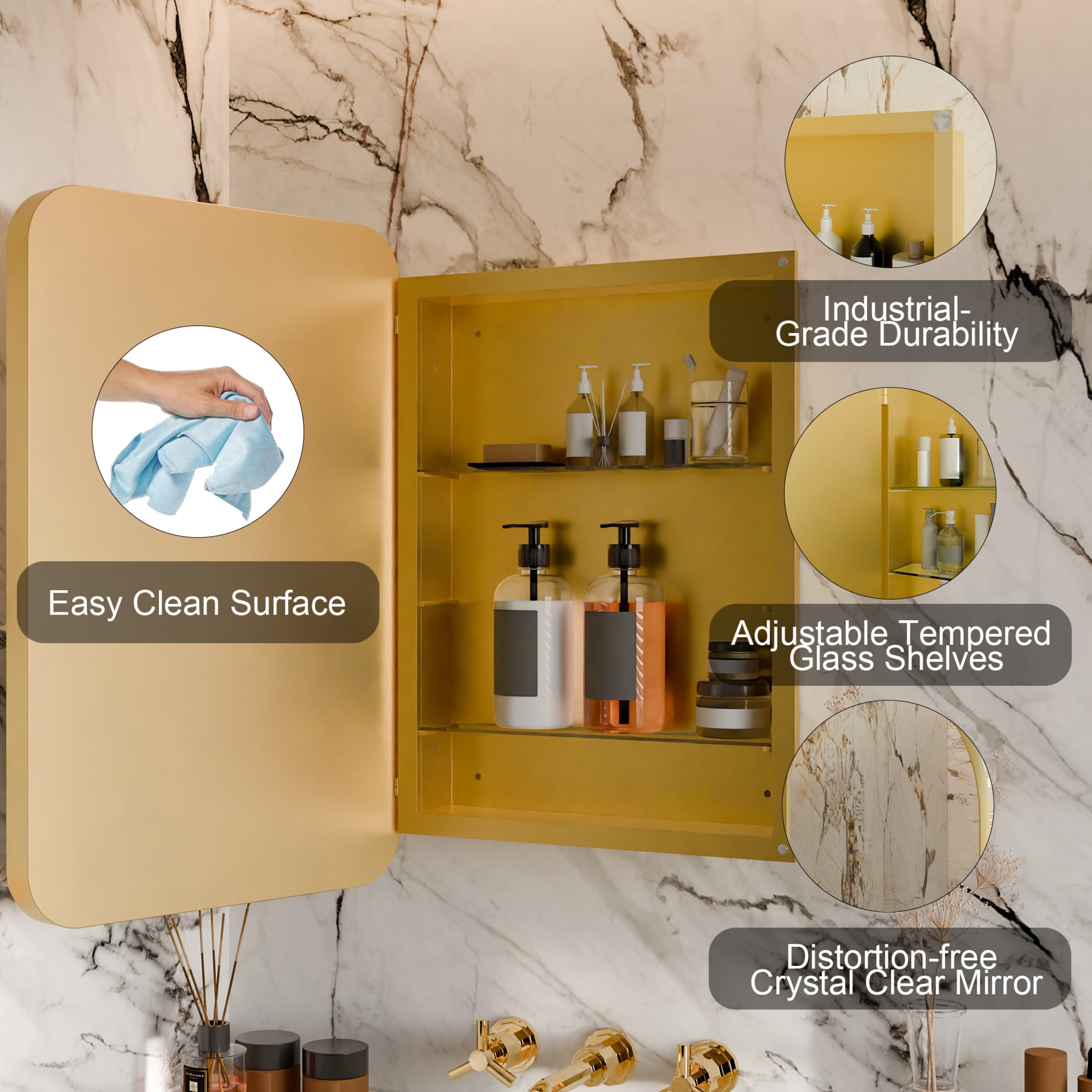 Noble House 20×30 Recessed Medicine Cabinet with Mirror, Metal Frame, Adjustable Shelves, for Bathroom, Matte Gold