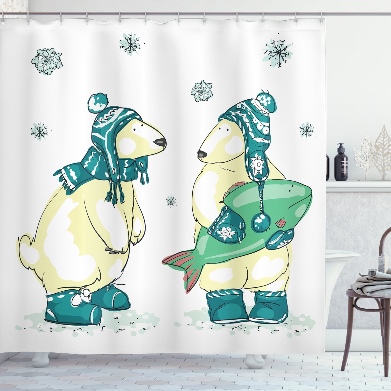 Ambesonne Polar Bear Shower Curtain, Friends Fish Xmas, 69"Wx84"L, Pale