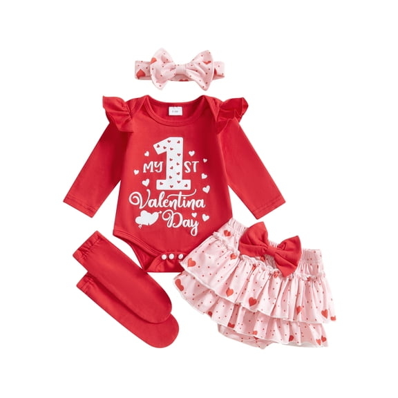 Suealasg Infant Baby Girl Valentines Day Outfit Ruffle Long Sleeve Romper Heart Layered Ruffle Shorts Bow Headband Socks 4Pcs Newborn Spring Clothes