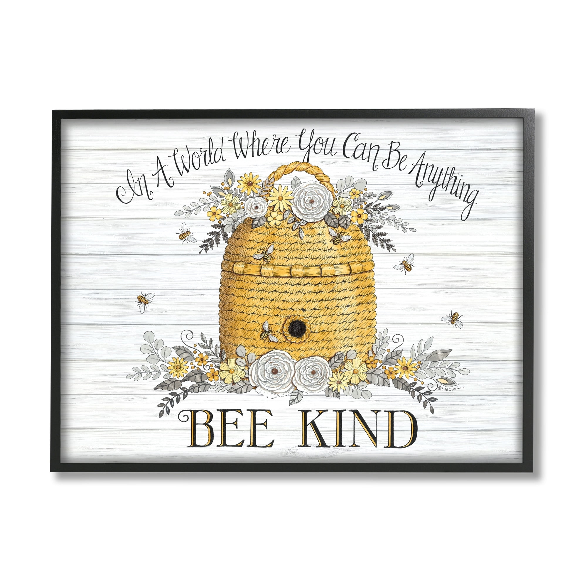 Stupell Industries In A World Bee Kind Motivational Phrase Beehive Graphic Art Black Framed Art Print Wall Art, 30x24, by Deb Strain