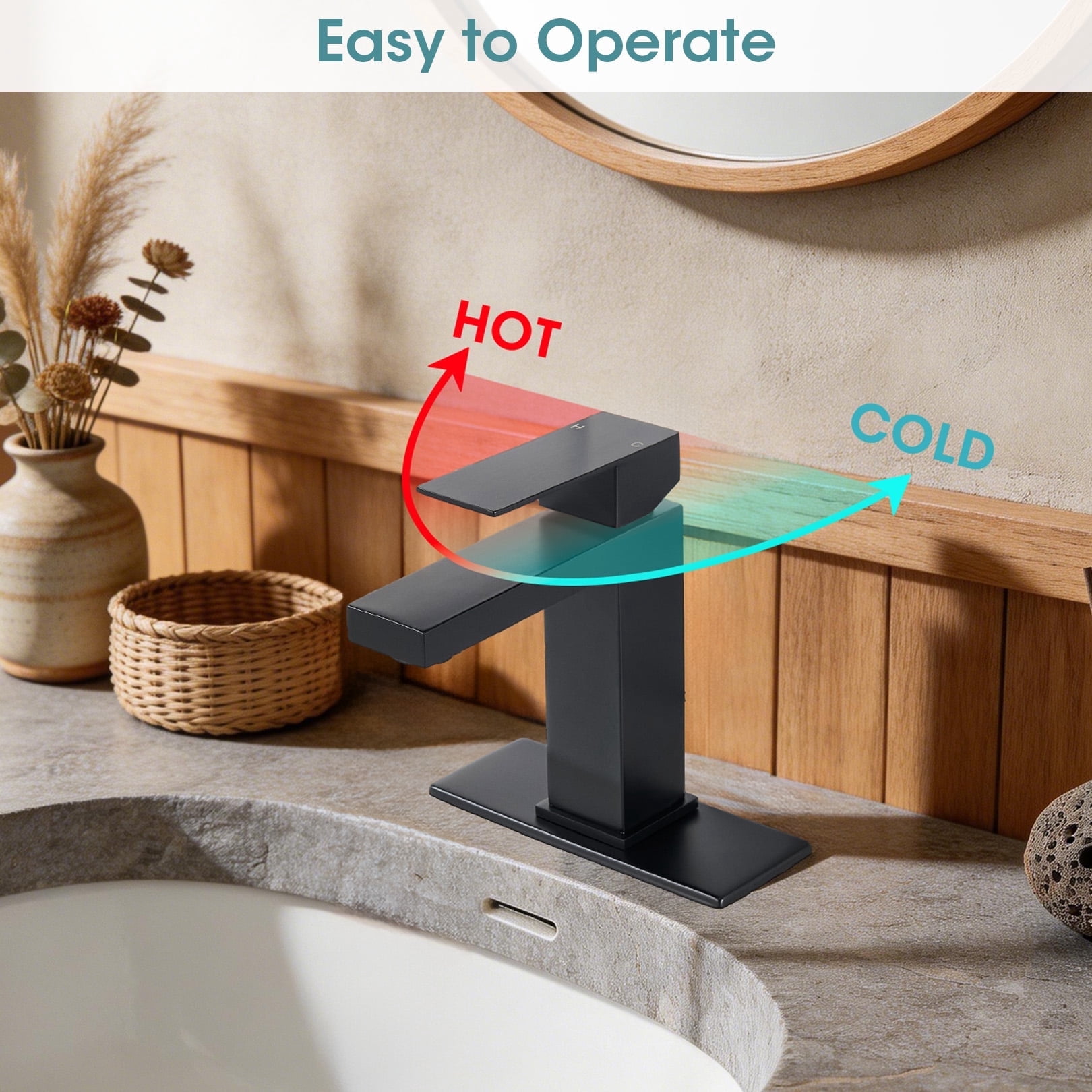 Wowkk Sanitary Ware Single Handle Bathroom Sink Faucet Modern SUS304 Stainless Steel Bathroom Faucet with Pop-up Drain and Water Supply Line, Faucets for Bathroom Vanity RV Sink, Matte Black