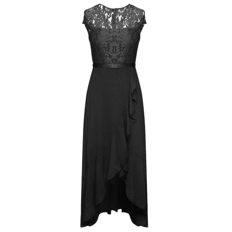 Elegant Burgundy Lace Evening Dress for Women, Short Sleeve V-Neck High Low  Formal Cocktail Party Gown with Ribbon Belt,Black M - Walmart.com