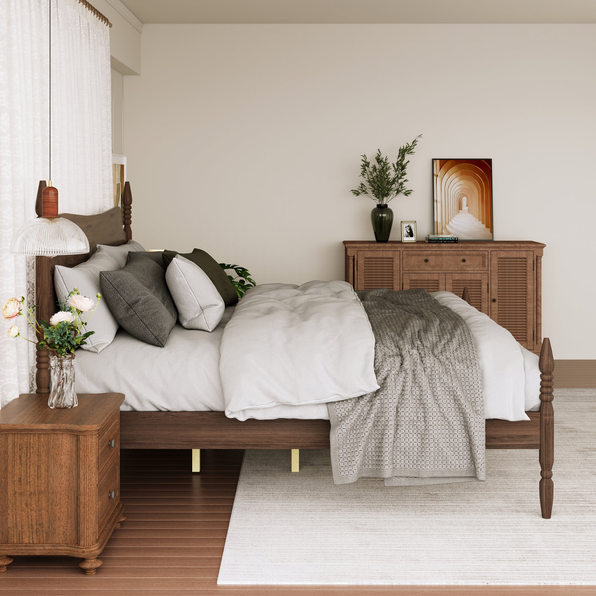 Leumius King Size Platform Bed Frame, Spindle Bed with Curved Tall Headboard, No Box Spring Needed, Retro Four Poster Bed for Teens Adults Walnut