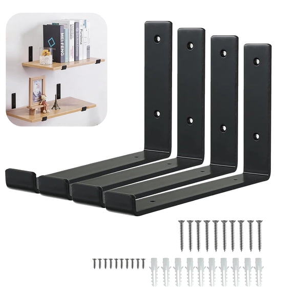 4 Pcs Heavy Duty 12-Inch L Shelf Brackets, Matte Black Metal Wall Brackets with Front Lip for Floating Shelves