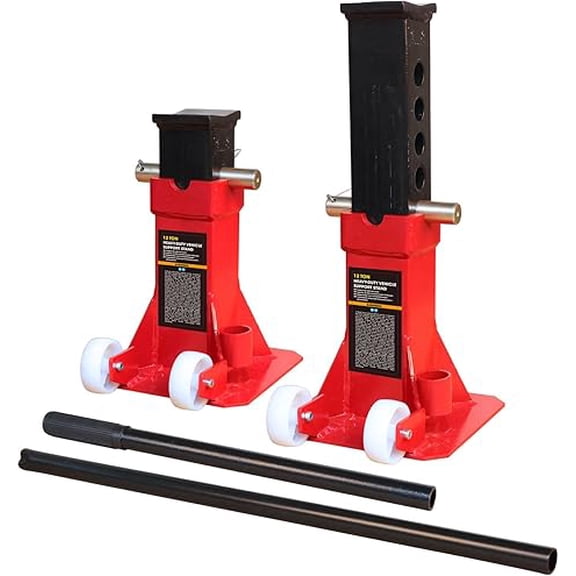 JACK BOSS Heavy Duty 12 Ton (24,000 lbs) Jack Stands with 2 Casters and Handle, Easily Moveable Car Lift Stands for Truck and Pick Up, Red