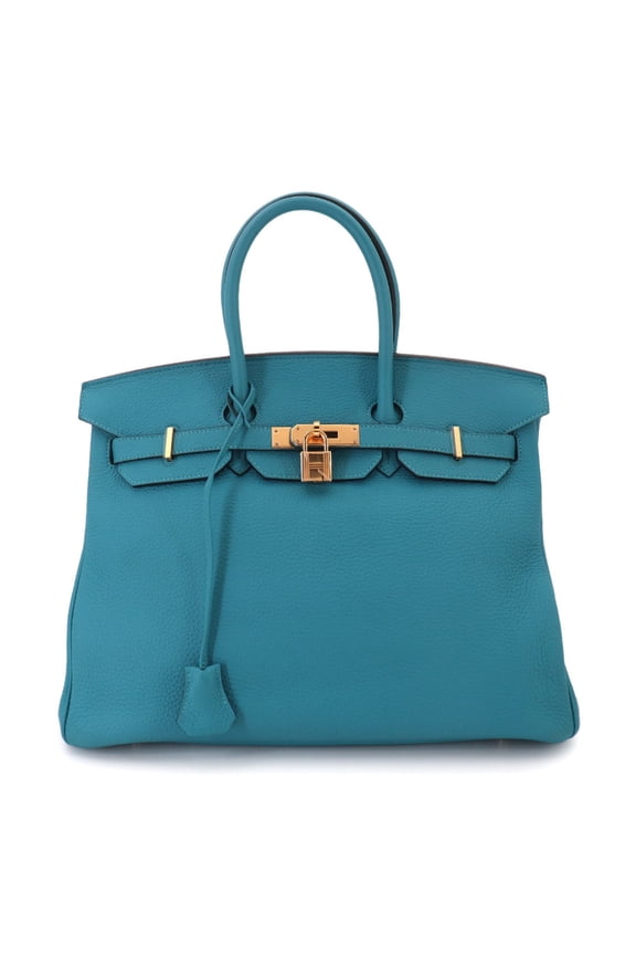 Pre-Owned Birkin 35 Hermes HERMES Taurillon Clemence Turquoise Handbag R stamp Gold hardware